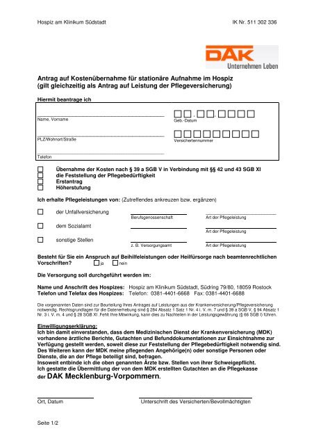 Antrag Auf Verhinderungspflege Und Kurzzeitpflege Dak DAK Antrag - Klinikum Südstadt Rostock