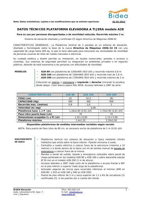 DATOS TÉCNICOS PLATAFORMA ELEVADORA A TIJERA modelo ...