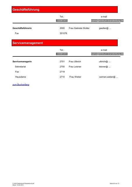 Telefonbuch der Städtischen Klinikum Brandenburg GmbH