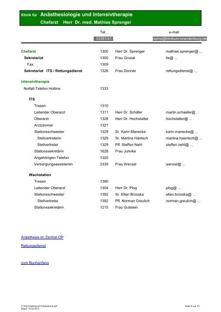 Telefonbuch der Städtischen Klinikum Brandenburg GmbH