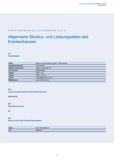 Qualitäts bericht 2006 - Klinikum Nordfriesland