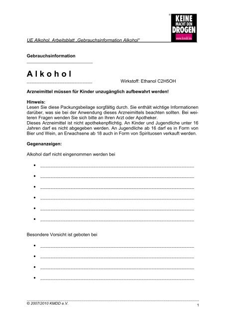 Arbeitsblatt „Gebrauchsinformation Alkohol“