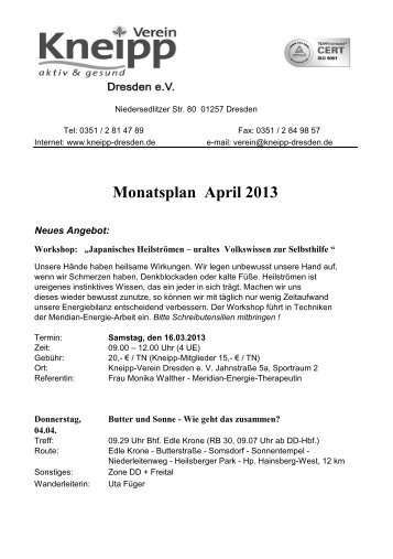 Reiseinformationen im Monatsplan April - KNEIPP in Dresden