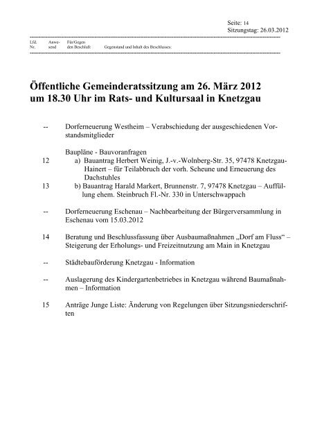 Öffentliche Gemeinderatssitzung am 26. März 2012 um ... - Knetzgau