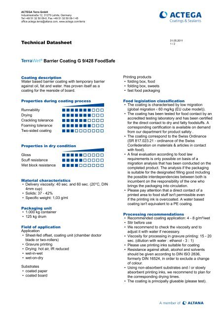 TERRAWET Barrier Coating G 9/428 FoodSafe - Actega