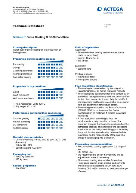 TERRAWET Gloss Coating G 9/370 FoodSafe - Actega