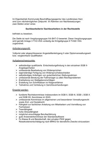Stellenausschreibung SB Rechtsstelle 18 02 10 - KoBa Harz