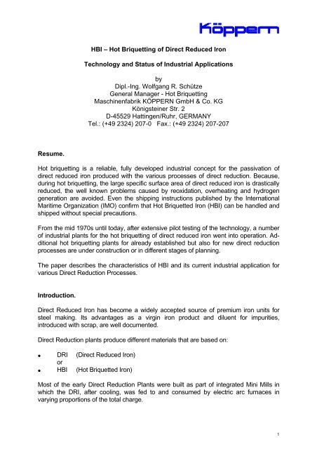 Hot Briquetting of Direct Reduced - Maschinenfabrik KÃ¶ppern GmbH ...