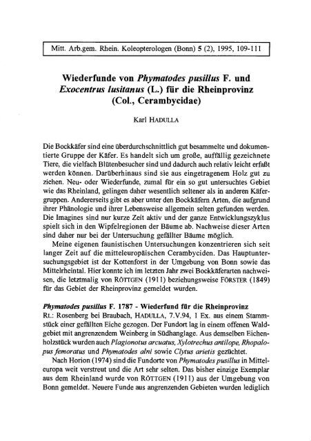 Wiederfunde von Phymatodes pusillus F. und Exocentrus lusitanus ...