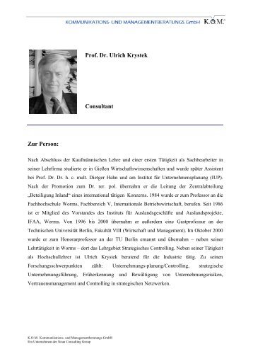 Prof. Dr. Ulrich Krystek Consultant Zur Person: - KOM GmbH