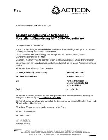 F a x Grundlagenschulung Zeiterfassung / Vorstellung ... - ACTICON