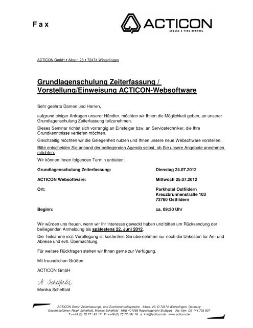 F a x Grundlagenschulung Zeiterfassung / Vorstellung ... - ACTICON