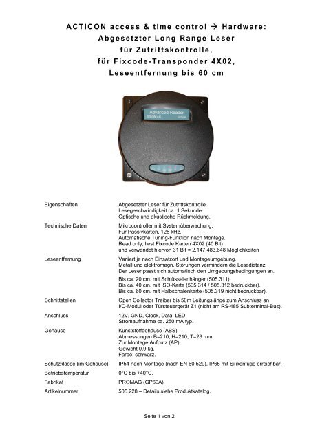 Abgesetzter Long Range Leser für Zutrittskontrolle, für - ACTICON