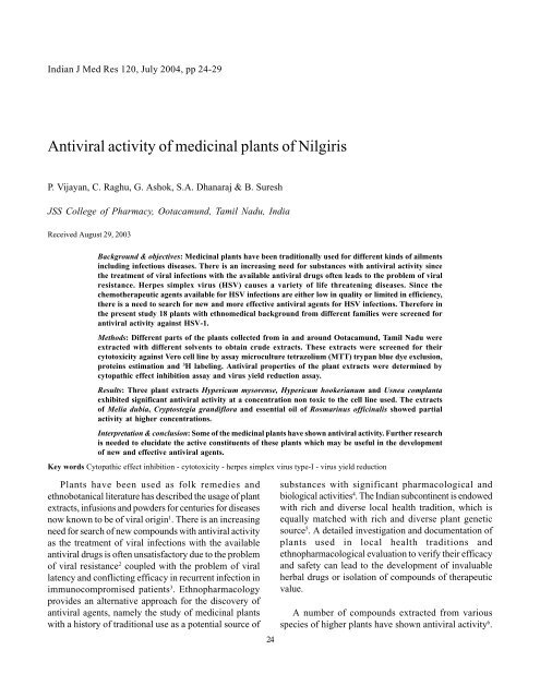 Antiviral activity of medicinal plants of Nilgiris - Indian Council of ...