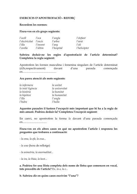 EXERCICIS D'APOSTROFACIÓ - PARAULES I LLIBRES. Llengua