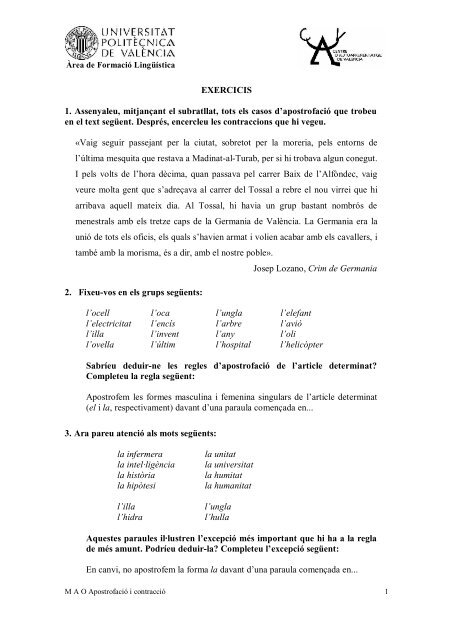 Exercicis d'apostrofació i contracció