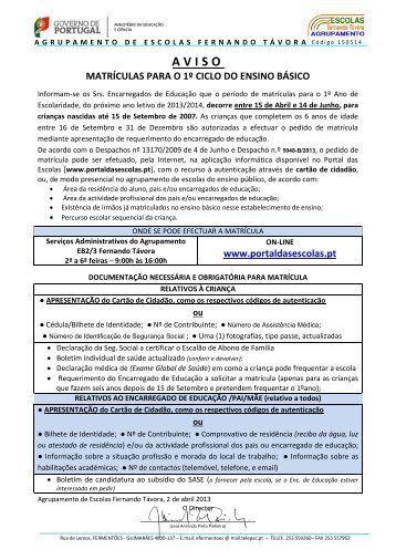 Aviso de Matriculas para o 1º ciclo do ensino básico.