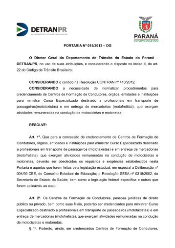 PORTARIA Nº 015/2013 – DG O Diretor Geral do ... - Detran