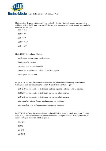 Exercícios Matemática - ALUB