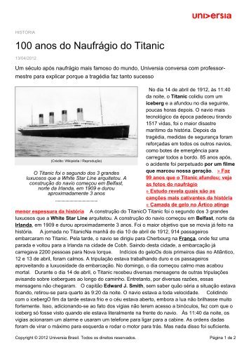 100 anos do Naufrágio do Titanic - Universia Brasil