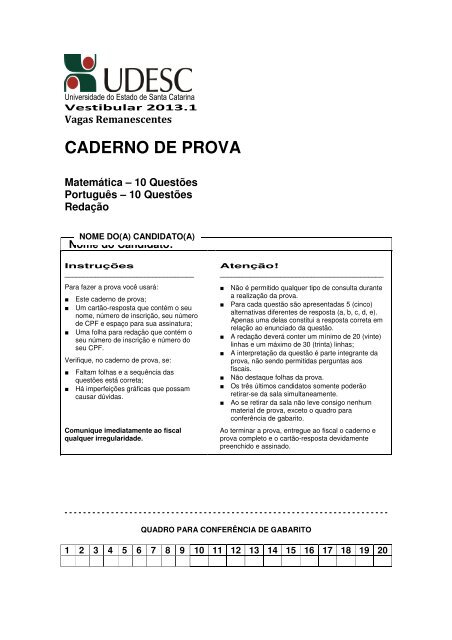 Prova de Matemática, Português e Redação - Udesc