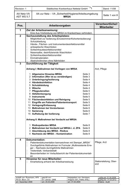 Hygieneplan Küche - Krankenhaus Nettetal