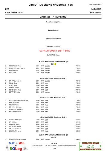 CIRCUIT DU JEUNE NAGEUR 2 - FES - Salam Natation de Fès