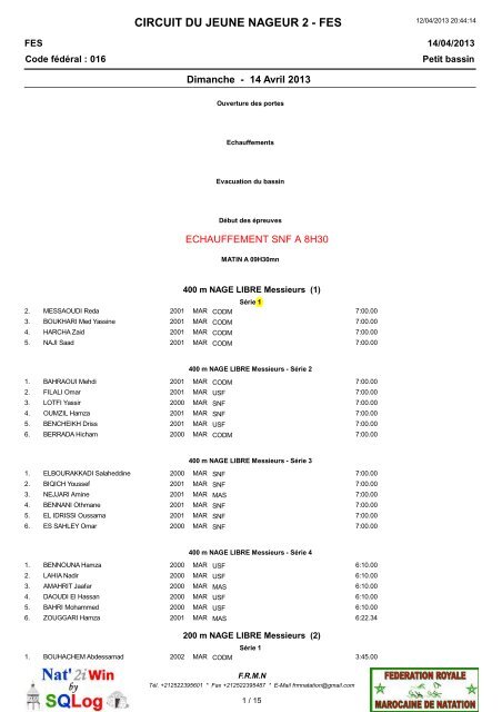 CIRCUIT DU JEUNE NAGEUR 2 - FES - Salam Natation de Fès