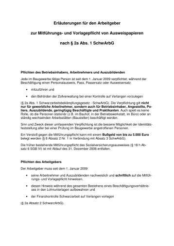 und Vorlagepflicht von Ausweispapieren nach § 2a Abs. 1 SchwArbG