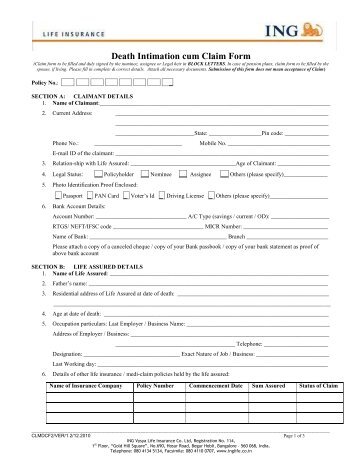 The Death Intimation cum Claim Form - ING Vysya Life Insurance