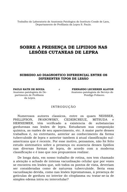 sobre a presença de lipidios nas lesões cutaneas de lepra