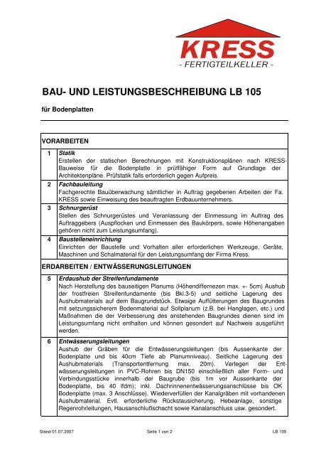 Leistungsbeschreibung Bodenplatte LB 105 - Kress-Keller.de