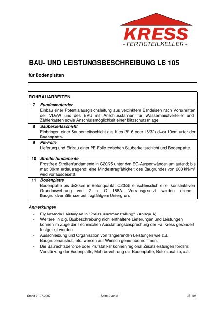 Leistungsbeschreibung Bodenplatte LB 105 - Kress-Keller.de