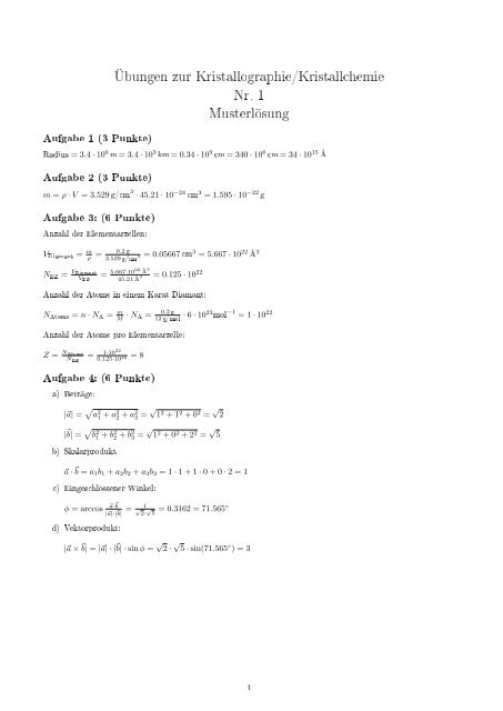 Übungen zur Kristallographie/Kristallchemie Nr. 1 Musterlösung