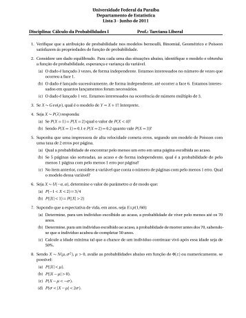 Lista de Exercício – 3º Prova - Departamento de Estatística ...