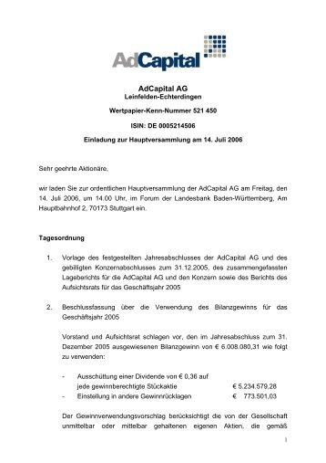 Einladung zur Ordentlichen Hauptversammlung 2006 - Adcapital AG
