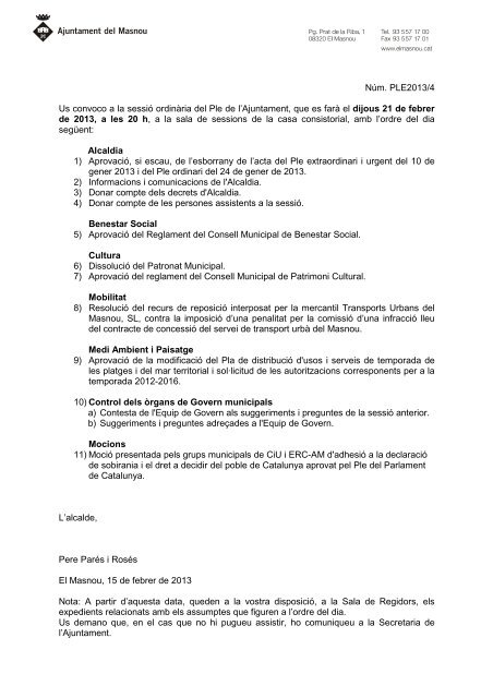 Ordre dia i relació propostes Ple ordinari - Ajuntament del Masnou