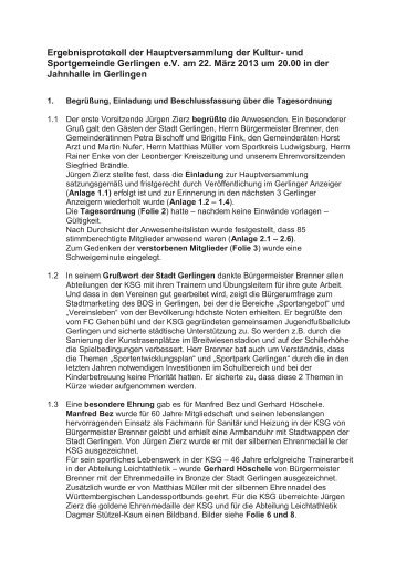 Protokoll zur Hauptversammlung - KSG Gerlingen eV
