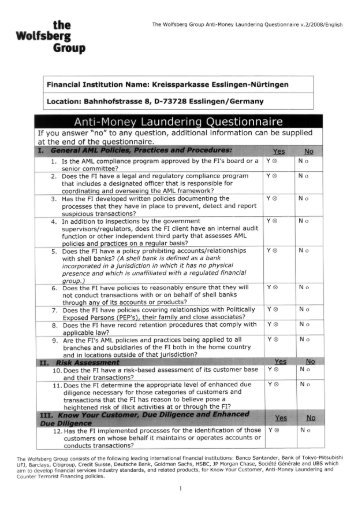 The Wolfsberg Group Anti-Money Laundering Questionnaire