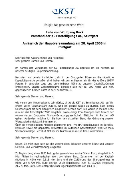 Rede von Herrn Wolfgang Rück (Vorstand) - KST Beteiligungs AG