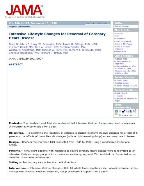 Intensive Lifestyle Changes For Reversal Of Coronary Heart Disease