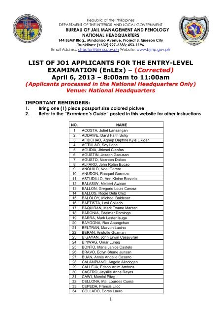 LIST OF JO1 APPLICANTS FOR THE ENTRY-LEVEL ... - BJMP