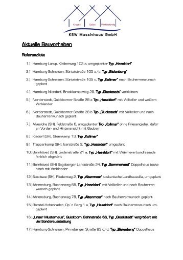 Referenzliste Januar 2012 - KSW Massivhaus GmbH