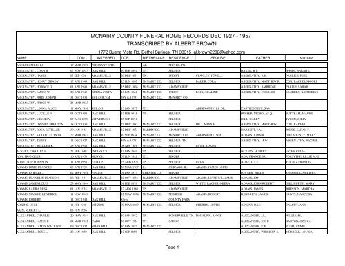 Mcnairy county funeral home records dec 1927 - 1957