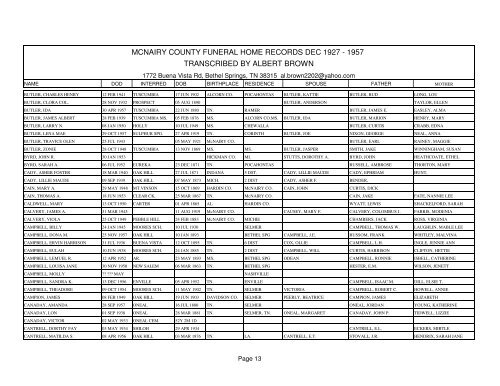 Mcnairy county funeral home records dec 1927 - 1957