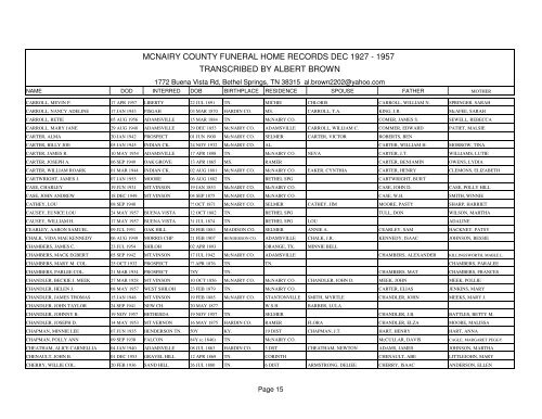 Mcnairy county funeral home records dec 1927 - 1957