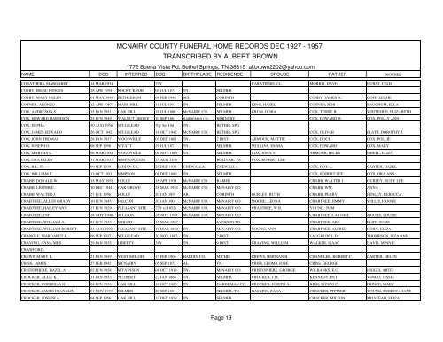 Mcnairy county funeral home records dec 1927 - 1957