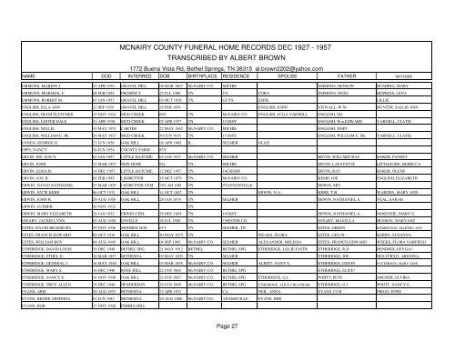 Mcnairy county funeral home records dec 1927 - 1957