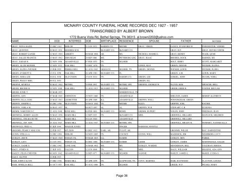 Mcnairy county funeral home records dec 1927 - 1957