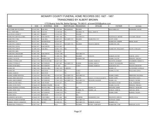 Mcnairy county funeral home records dec 1927 - 1957